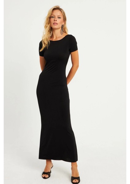 Kadın Siyah Sırtı Açık Maxi Elbise DMR306 modelleri