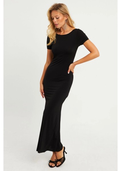 Kadın Siyah Sırtı Açık Maxi Elbise DMR306 fırsatları