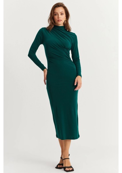 Kadın Zümrüt Yeşil Drape Maxi Elbise DMR377