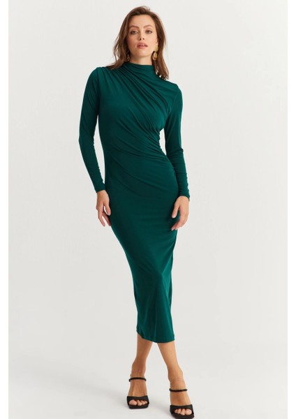 Kadın Zümrüt Yeşil Drape Maxi Elbise DMR377