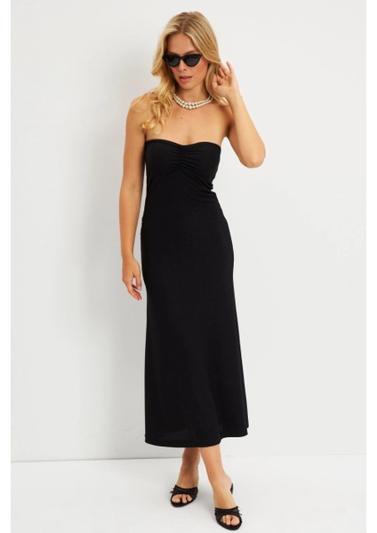 Kadın Siyah Bürümcük Straplez Midi Elbise EY2787 modelleri