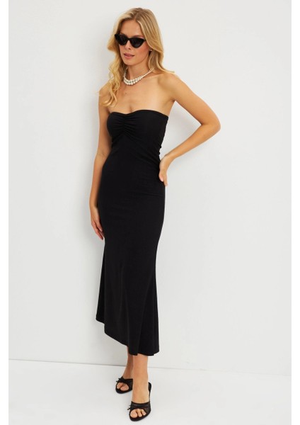 Kadın Siyah Bürümcük Straplez Midi Elbise EY2787 fırsatları
