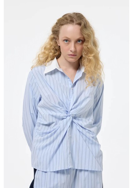 Çizgili Kruvaze Bağlamalı Mavi Kadın Gömlek GML00272