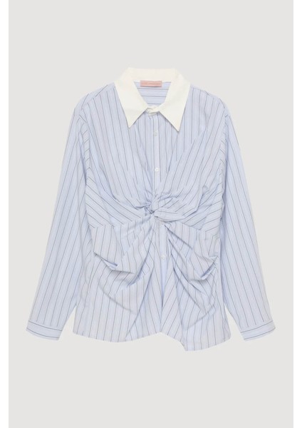 Çizgili Kruvaze Bağlamalı Mavi Kadın Gömlek GML00272 fiyatları