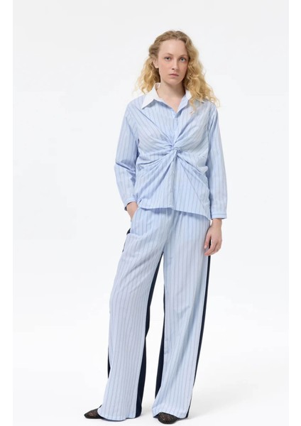 Çizgili Kruvaze Bağlamalı Mavi Kadın Gömlek GML00272 modelleri