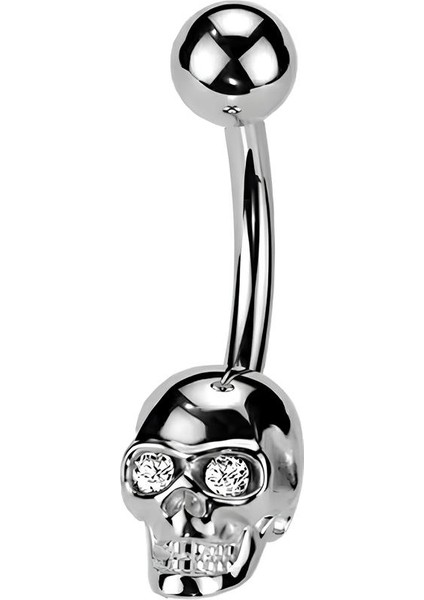 F136 Titanyum Zirkon Taş Detaylı Kuru Kafalı Göbek Piercingi - Gotik, Punk, Rock Piercing