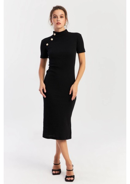 Kadın Siyah Düğme Aksesuarlı Kaşkorse Midi Elbise EY2931 fiyatları