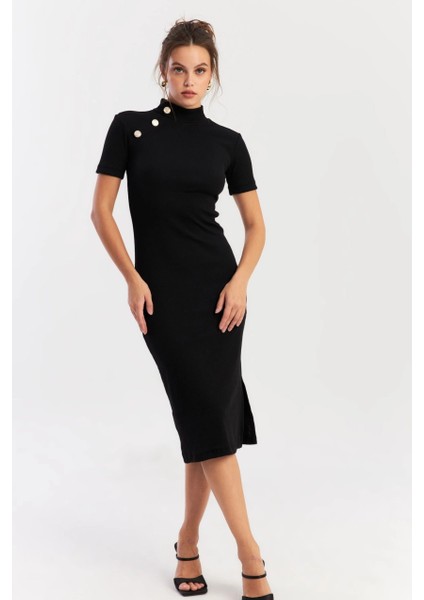 Kadın Siyah Düğme Aksesuarlı Kaşkorse Midi Elbise EY2931 modelleri