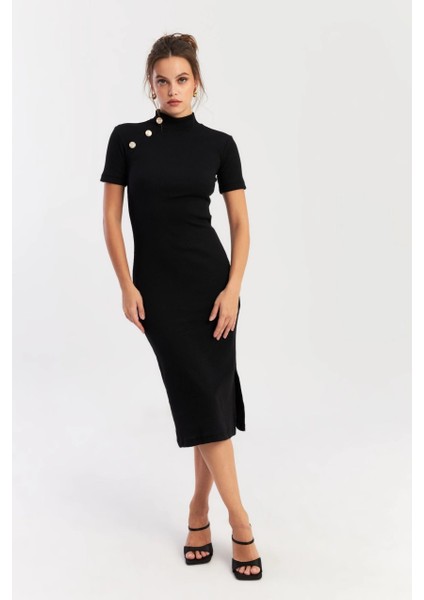 Kadın Siyah Düğme Aksesuarlı Kaşkorse Midi Elbise EY2931 fırsatları