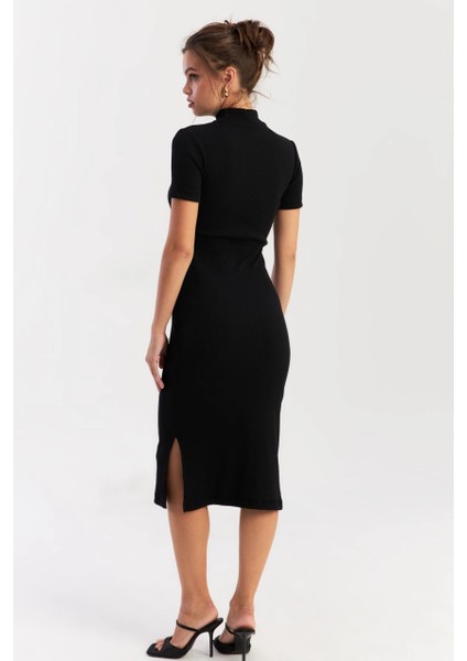 Kadın Siyah Düğme Aksesuarlı Kaşkorse Midi Elbise EY2931 indirimleri