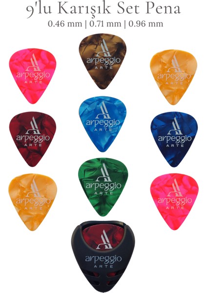 9’lu Gitar Pena Seti | Selüloid | 0.46 - 0.71 - 0.96 mm | Karışık Renk | Pena Şarjörü Hediye!