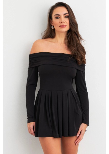 Kadın Siyah Madonna Yaka Midi Elbise MON1262 modelleri