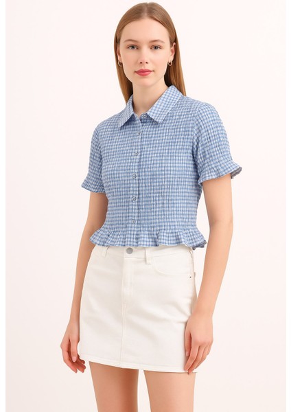 Kadın Yazlık Şık Ekose Desenli Kısa Kollu Fırfırlı Crop Gömlek Bluz