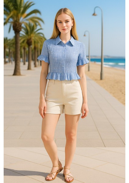 Kadın Yazlık Şık Ekose Desenli Kısa Kollu Fırfırlı Crop Gömlek Bluz fiyatları