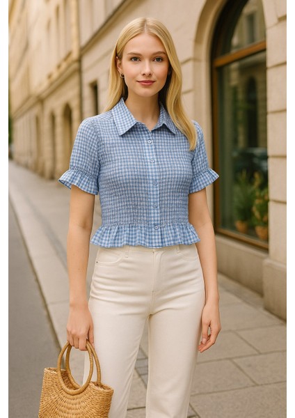 Kadın Yazlık Şık Ekose Desenli Kısa Kollu Fırfırlı Crop Gömlek Bluz modelleri