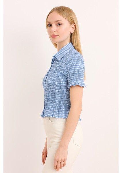 Kadın Yazlık Şık Ekose Desenli Kısa Kollu Fırfırlı Crop Gömlek Bluz indirimleri