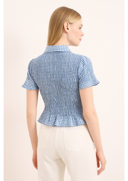 Kadın Yazlık Şık Ekose Desenli Kısa Kollu Fırfırlı Crop Gömlek Bluz