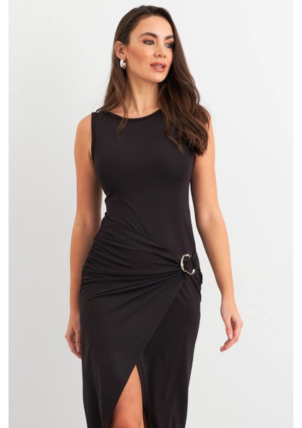 Kadın Siyah Toka Aksesuarlı Yırtmaçlı Midi Elbise EY3023 fırsatları