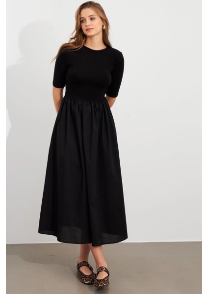 Kadın Siyah Kontrast Kumaşlı Midi Elbise MDMR457 fiyatları