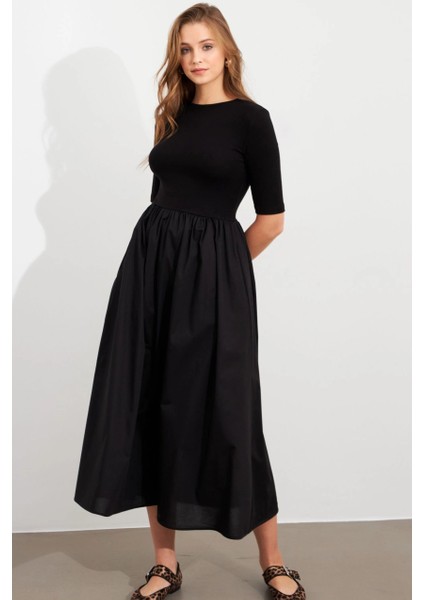 Kadın Siyah Kontrast Kumaşlı Midi Elbise MDMR457 modelleri