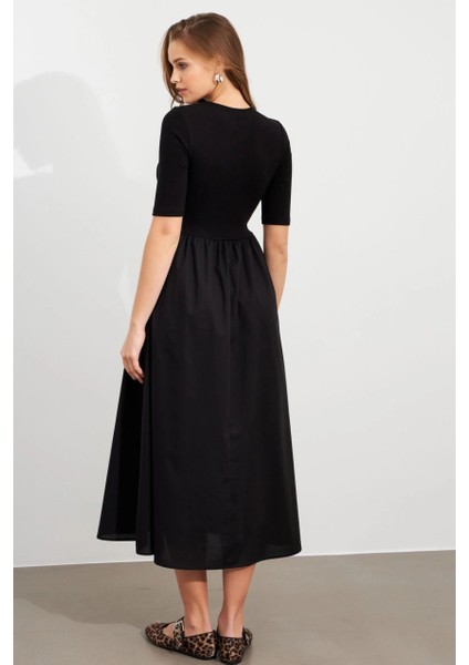 Kadın Siyah Kontrast Kumaşlı Midi Elbise MDMR457 indirimleri