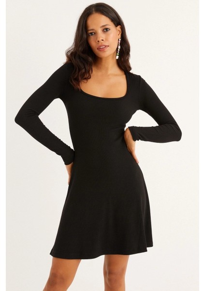 Kadın Siyah U Yaka Kaşkorse Mini Elbise EY1308 fiyatları