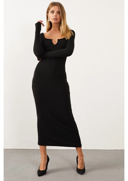 Kadın Siyah V Yaka Maxi Kaşkorse Elbise EY1086 fiyatları