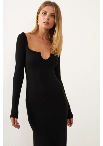 Kadın Siyah V Yaka Maxi Kaşkorse Elbise EY1086 modelleri