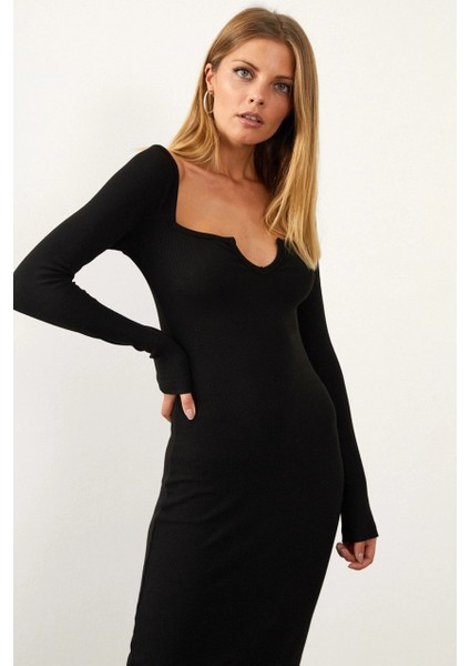 Kadın Siyah V Yaka Maxi Kaşkorse Elbise EY1086 fırsatları