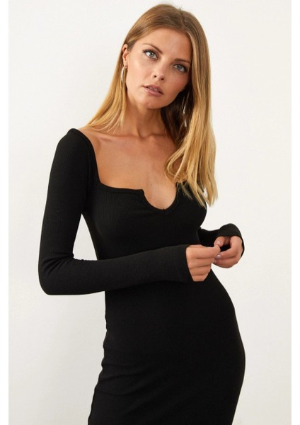 Kadın Siyah V Yaka Maxi Kaşkorse Elbise EY1086 indirimleri