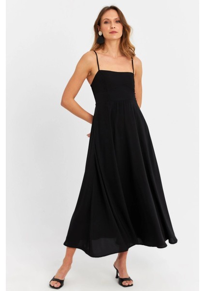 Kadın Siyah Sırtı Gipeli Astarlı Midi Elbise ERL10047