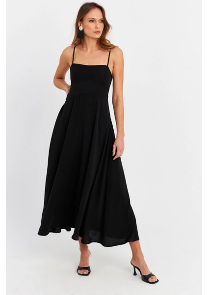 Kadın Siyah Sırtı Gipeli Astarlı Midi Elbise ERL10047 modelleri