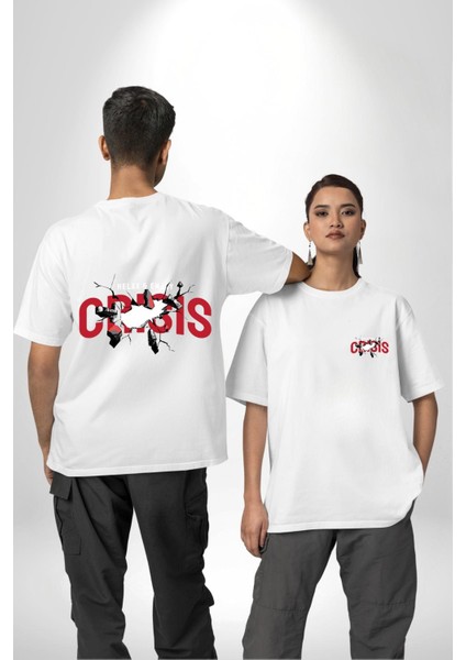 Crisis Kaosu Kucakla, Huzuru Bul! Beyaz Oversize Kadın Erkek Ön ve Sırt Baskılı Tişört
