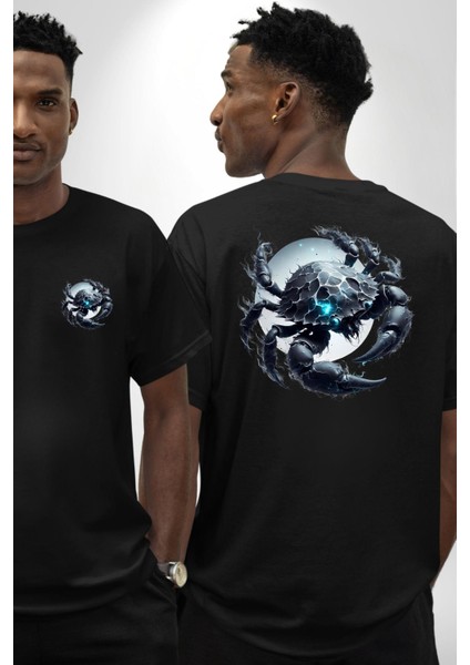 Yengeç Burçu Özel Tasarım Siyah Oversize Kadın Erkek Ön ve Sırt Baskılı Tişört