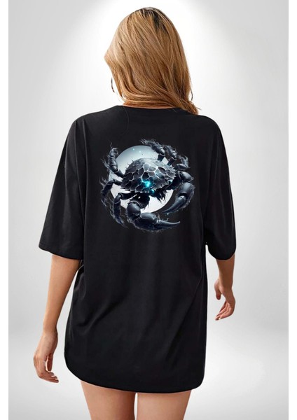 Yengeç Burçu Özel Tasarım Siyah Oversize Kadın Erkek Ön ve Sırt Baskılı Tişört fiyatları