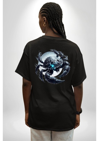 Yengeç Burçu Özel Tasarım Siyah Oversize Kadın Erkek Ön ve Sırt Baskılı Tişört indirimleri