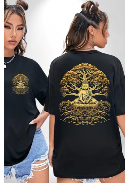 Aydınlanma ve Doğanın Buluşması Budist Yoga Siyah Oversize Kadın Erkek Ön ve Sırt Baskılı Tişört fırsatları