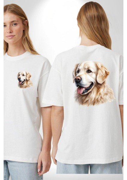 Sevimli Golden Retriever Köpek Dostu Beyaz Oversize Kadın Erkek Ön ve Sırt Baskılı Tişört