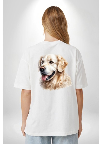 Sevimli Golden Retriever Köpek Dostu Beyaz Oversize Kadın Erkek Ön ve Sırt Baskılı Tişört fiyatları