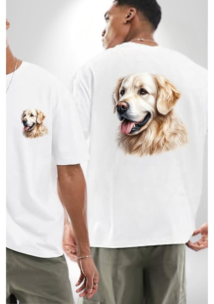 Sevimli Golden Retriever Köpek Dostu Beyaz Oversize Kadın Erkek Ön ve Sırt Baskılı Tişört fırsatları