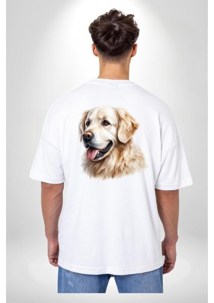 Sevimli Golden Retriever Köpek Dostu Beyaz Oversize Kadın Erkek Ön ve Sırt Baskılı Tişört indirimleri