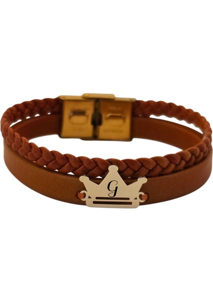 G Harfine Özel Taç Motifli 14 Ayar Altın Plakalı Kahverengi Derili Hediye Bileklik-467Harf fiyatları