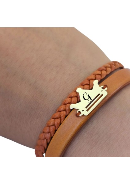 G Harfine Özel Taç Motifli 14 Ayar Altın Plakalı Kahverengi Derili Hediye Bileklik-467Harf fırsatları