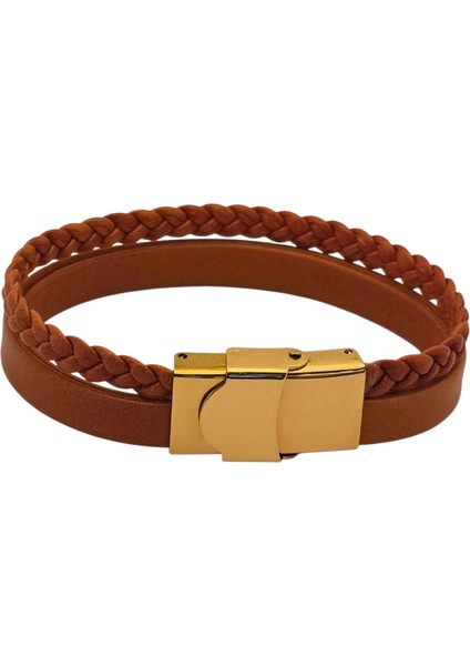 G Harfine Özel Taç Motifli 14 Ayar Altın Plakalı Kahverengi Derili Hediye Bileklik-467Harf
