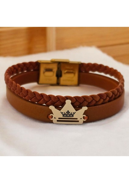 Taç Temalı Taç Motifli 14 Ayar Altın Plakalı Kahverengi Derili Hediye Bileklik-467SEMBOL fiyatları