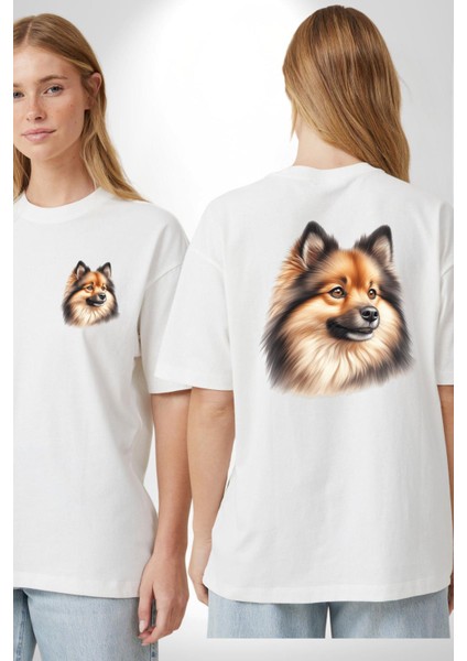 Zeki Finnish Spitz Köpek Beyaz Oversize Kadın Erkek Ön ve Sırt Baskılı Tişört