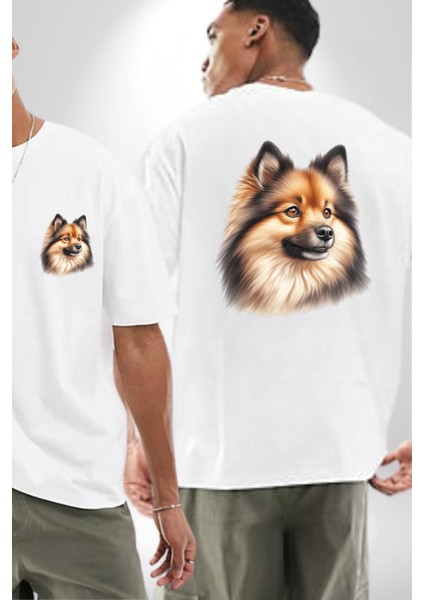 Zeki Finnish Spitz Köpek Beyaz Oversize Kadın Erkek Ön ve Sırt Baskılı Tişört fırsatları