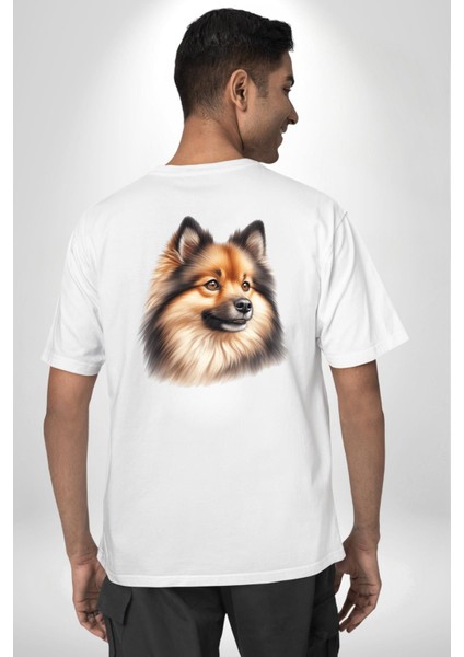 Zeki Finnish Spitz Köpek Beyaz Oversize Kadın Erkek Ön ve Sırt Baskılı Tişört indirimleri