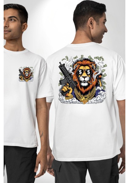 Aslan Gangster Hip-Hop Dolar Aslan Beyaz Oversize Kadın Erkek Ön ve Sırt Baskılı Tişört