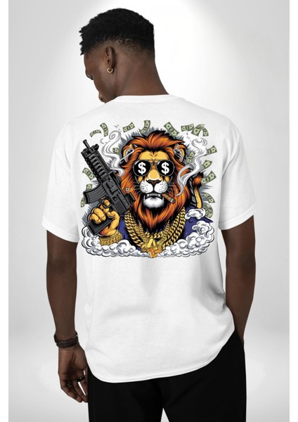 Aslan Gangster Hip-Hop Dolar Aslan Beyaz Oversize Kadın Erkek Ön ve Sırt Baskılı Tişört indirimleri